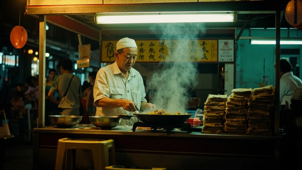 A Penang hawker uncle tending a charcoal wok at a George Town stall at dusk.