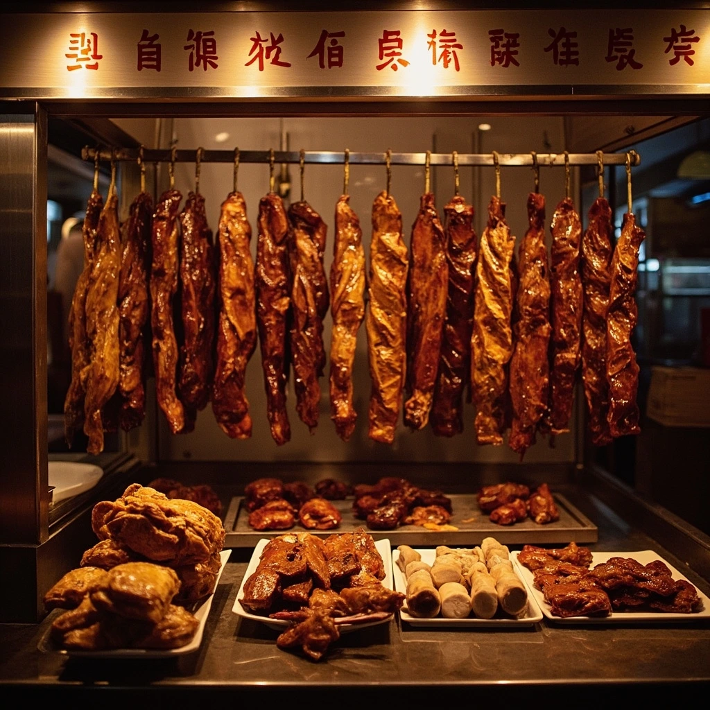 A Cantonese siu mei counter with hanging roast meats in Penang.