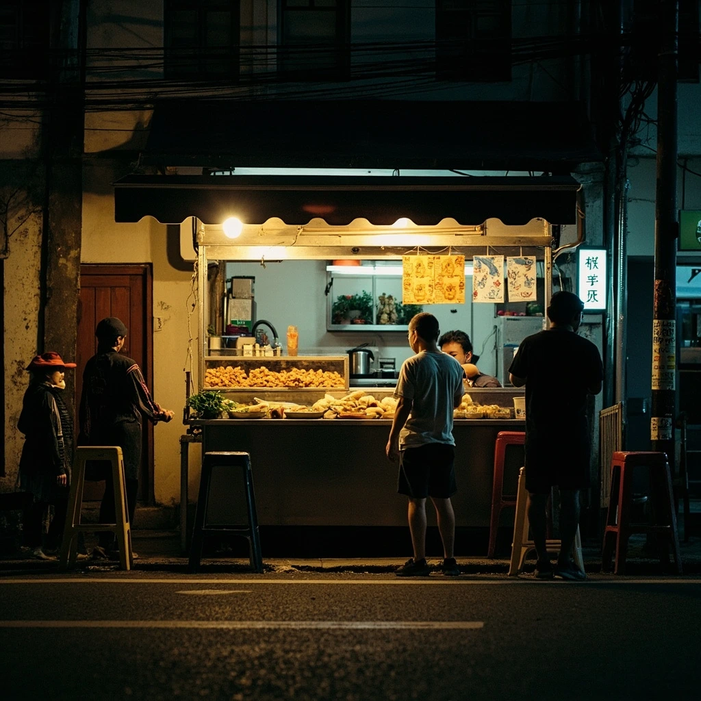 A mamak stall counter with satay and nasi lemak at night in Penang.