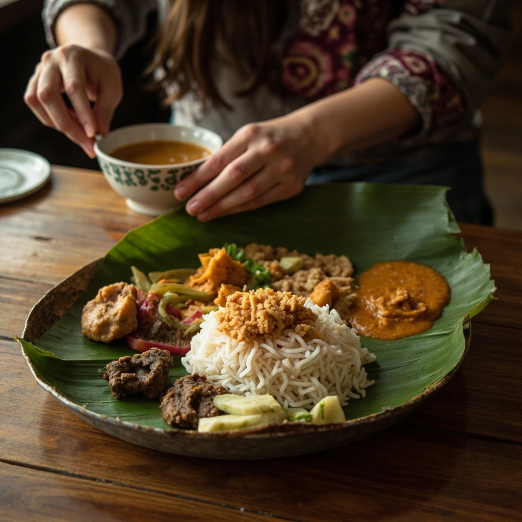 A banana leaf meal at a Tamil eatery in Penang.