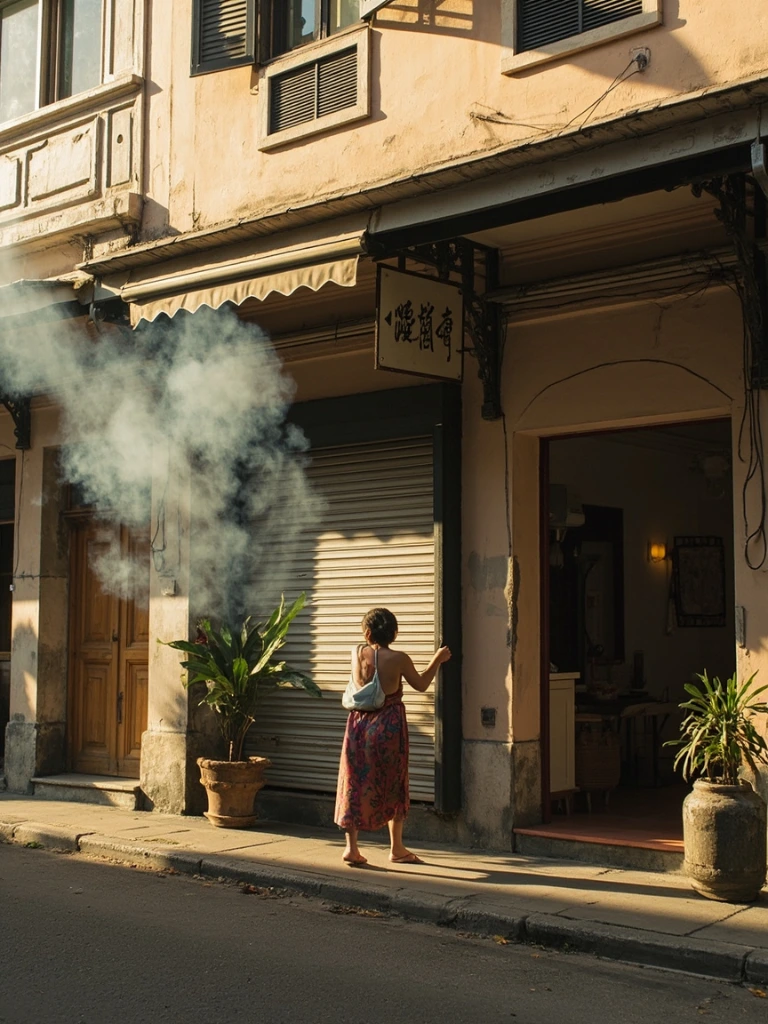 George Town UNESCO Core shophouse facade at dawn with joss sticks smouldering outside a Chinese clan house.