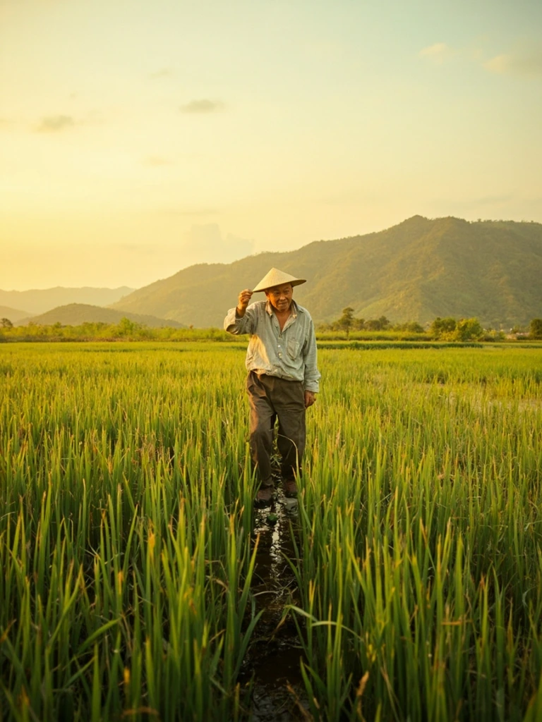 An elderly farmer walks between flooded paddy fields in Balik Pulau at golden hour.